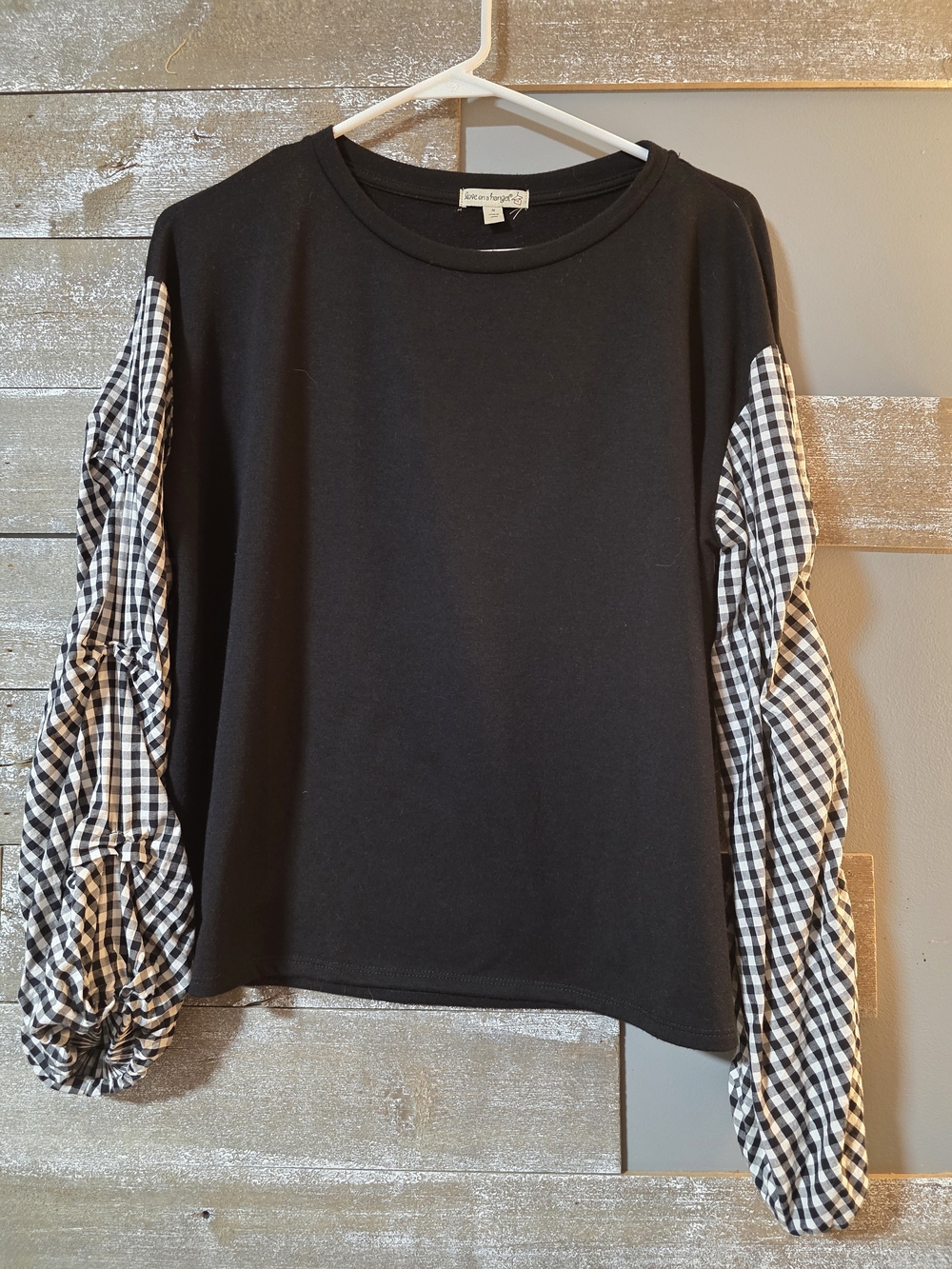 love on a hanger Black Top with Black-and-White Gingham Puff Sleeves